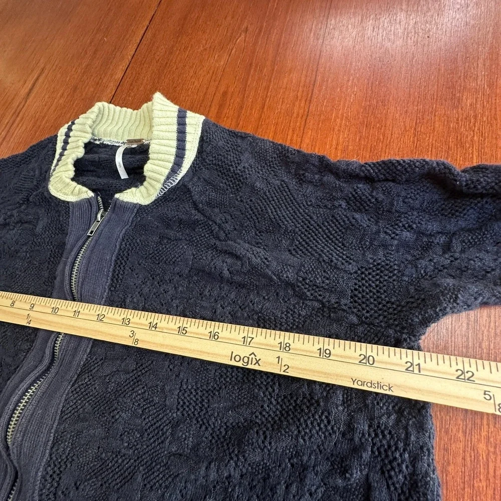 Free People Blue Cream Full‎ Zip Size S Knit Cardigan Varsity Preppy Academia